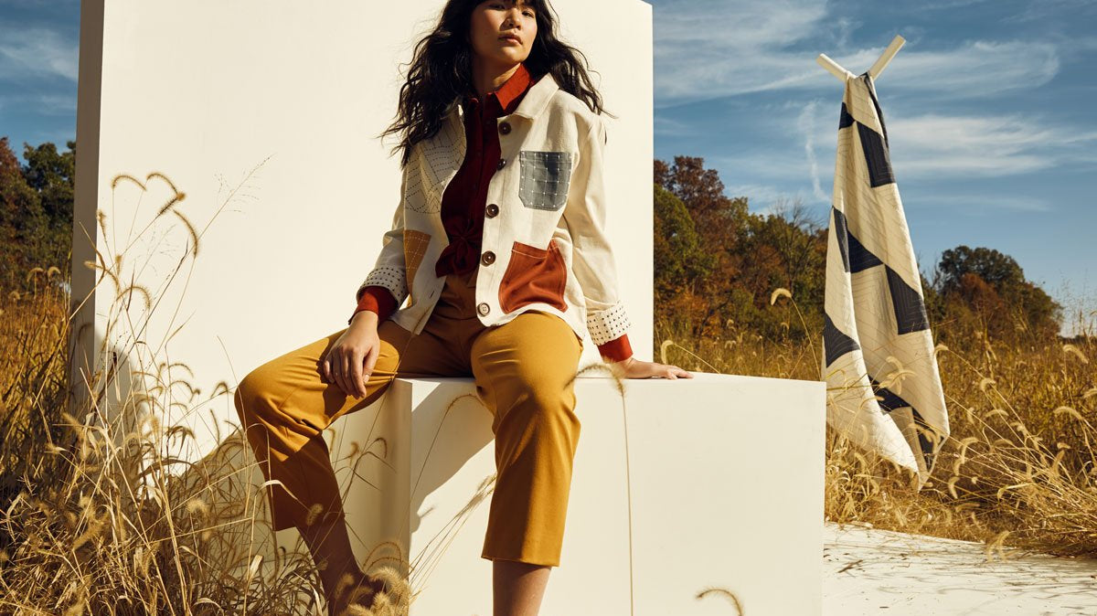 alt="Anchal Project Quilted Chore Jacket Fashion Photoshoot with Photographer Clay Cook"