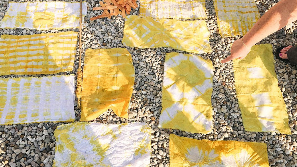 Small rectangles of fabric freshly dyed from dyeScape supported by Women for Women and The Kentucky Foundation for Women