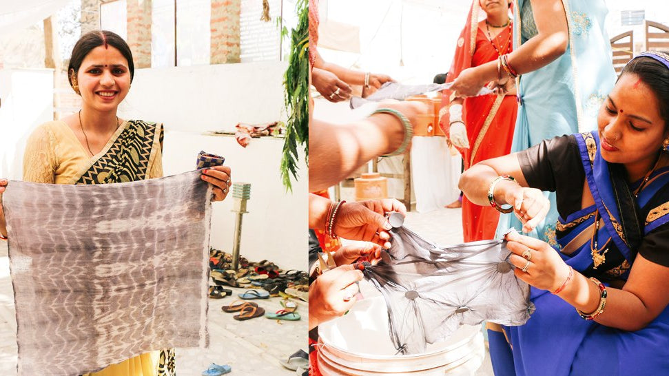 Anchal artisans displaying and working on naturally dyed grey bandanas