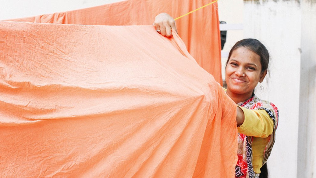 Anchal artisan hanging coral fabric created by using sustainable production practices