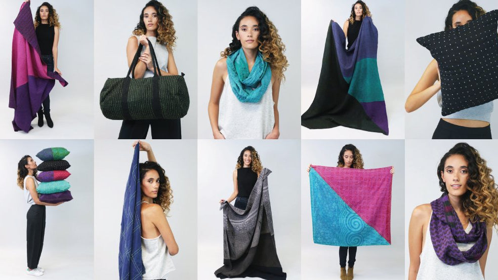 Ten photos showcasing pieces from Anchal's new collection of overdyed Kantha throws, pillows, duffels, and scarves