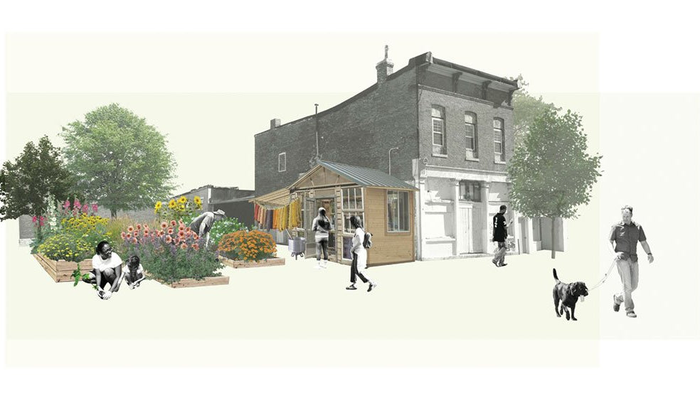 illustration of Anchal's project, dyeScape showcasing a garden with multiple types of flowers, people, and their building