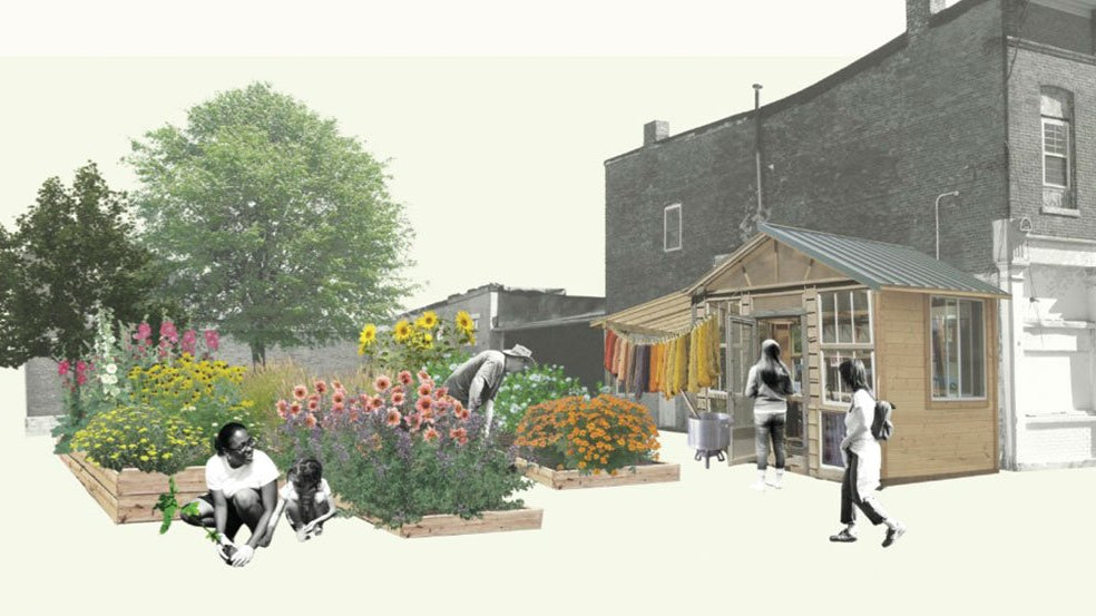Illustration of Anchal's project, dyeScape showcasing a garden with multiple types of flowers, people, and their building