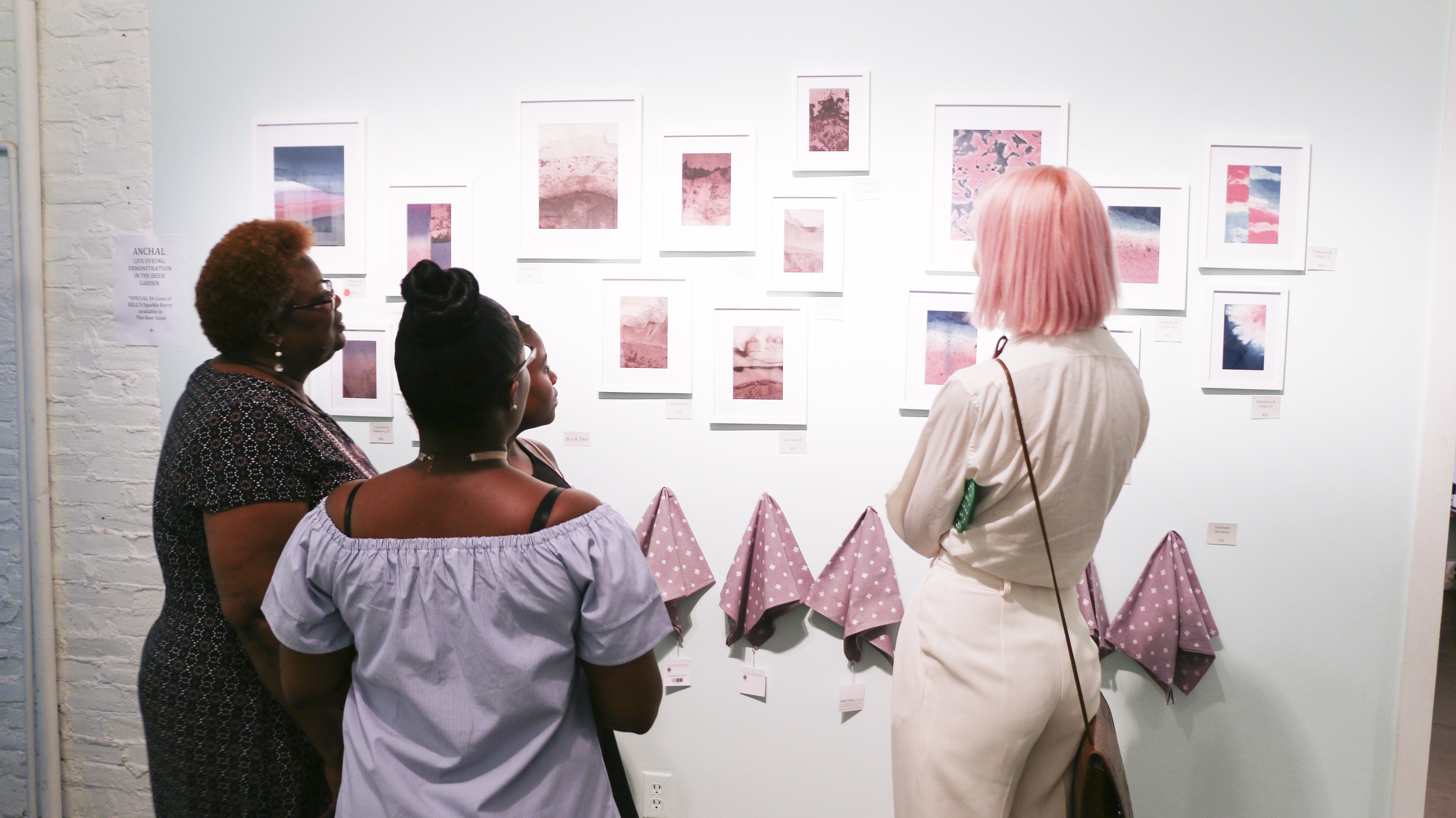 An exhibit at Revelry Boutique Galltery in Louisville, KY showcasing pieces from Anchal's naturally dyed textile art from dyeSpace