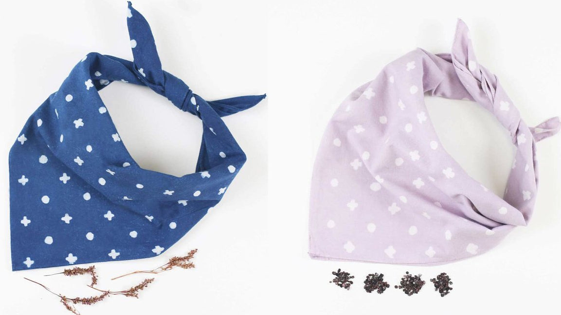 Two naturally dyed and hand printed Anchal bandanas in lilac and dark blue