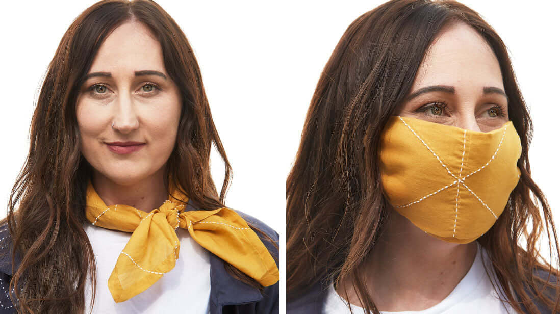 Anchal Mustard Grid Bandana folded to become a face mask