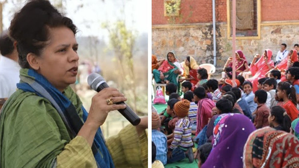 Two photos, one of a woman speaking into a microphone about international women's day. The other, a crown of women gathered to celebrate international women's day