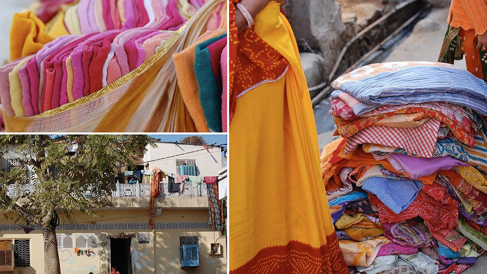 The steps taken to hand craft Anchals quilts from vintage saris all the way to your front door