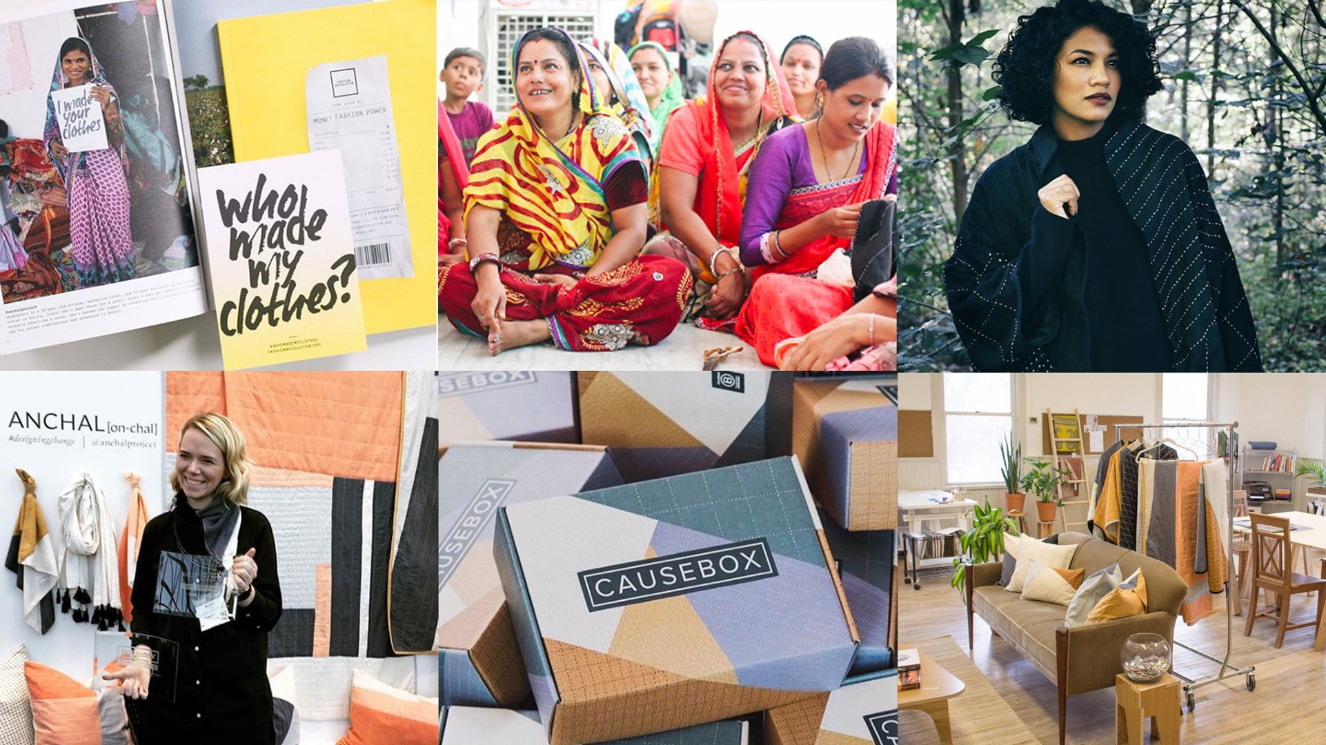 Collage of highlights from the year 2017 at Anchal including artisans, CauseBox collaboration, design patterns, and finished products