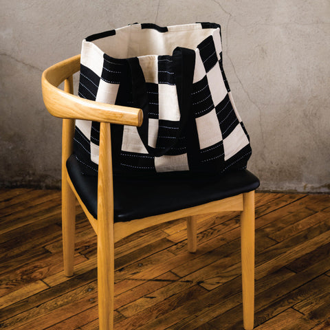 black and white checkered canvas tote bag made from sustainable organic cotton by Anchal