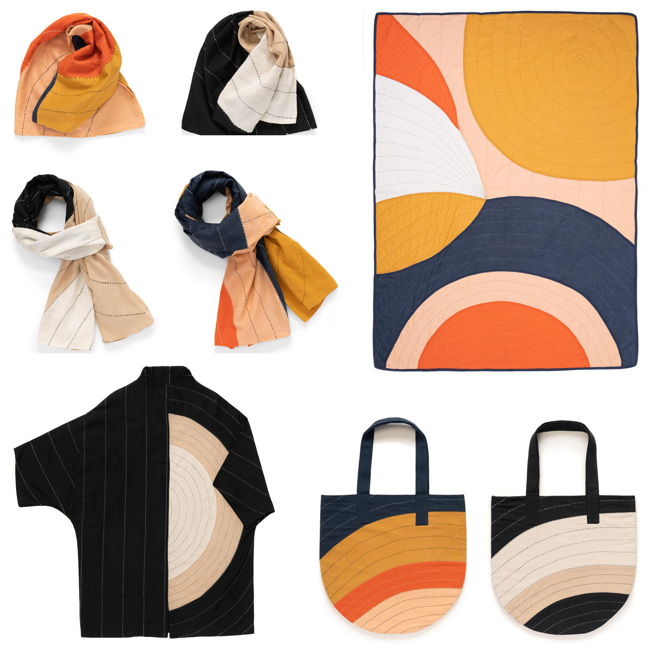 Anchal x Guggenheim for Hilma af Klint exhibit featurign patchwork quilts, canvas totes, organic cotton scarves and quilted jackets