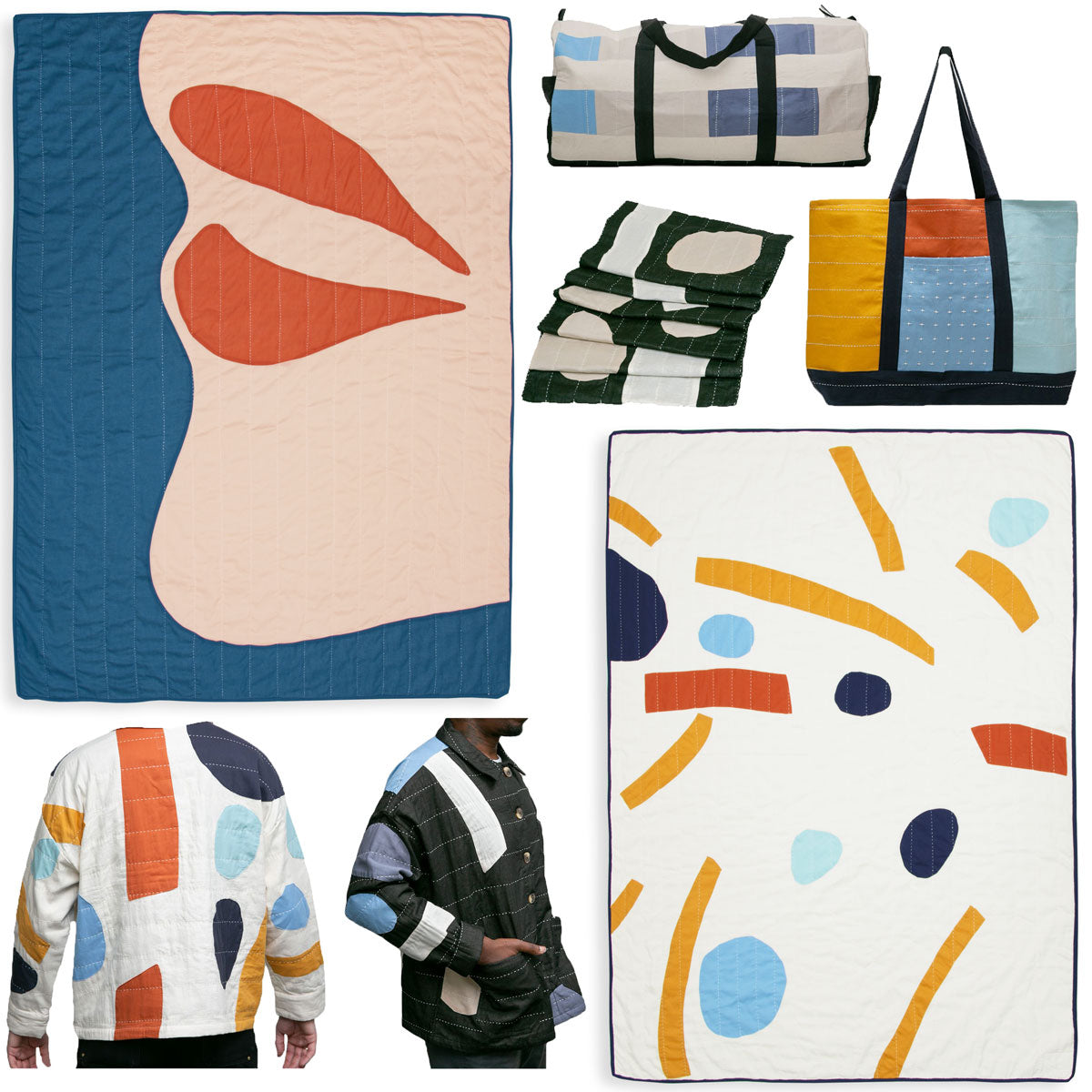 photo of Anchal x Guggenheim Alex Katz collaborative textile collection featuring tote bags, patchwork quilts and quilted jackets