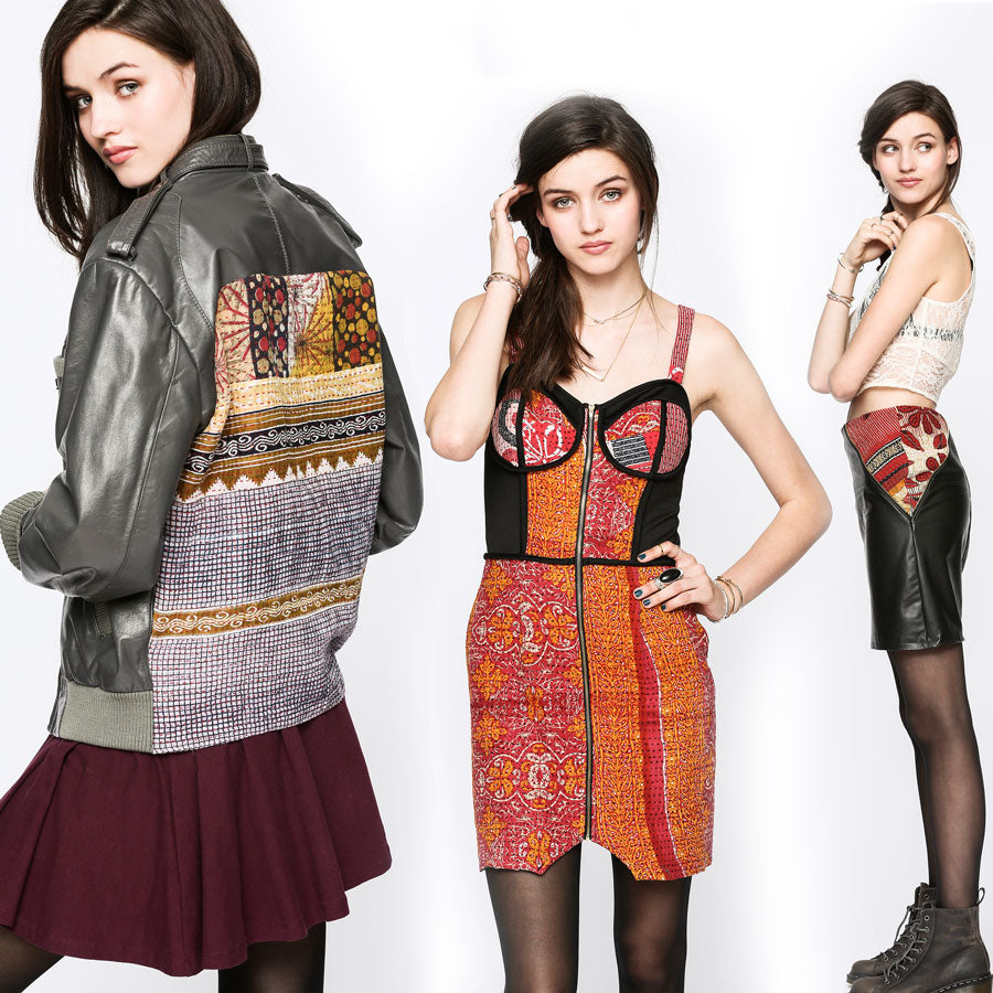 Anchal x Urban Outfitters handstitched clothing made from vintage cotton saris on model