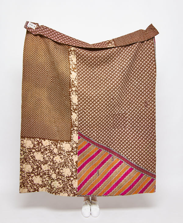 brown floral vintage kantha quilt throw