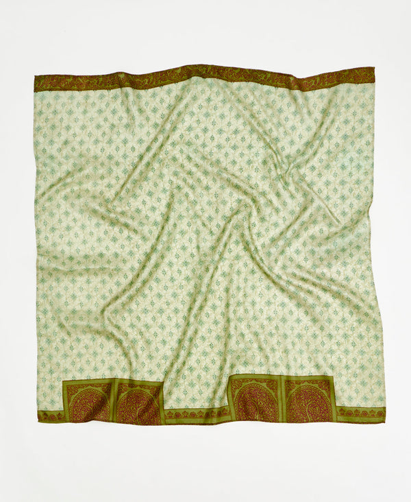 Green traditional print vintage silk square scarf handmade by women artisans using upcycled saris