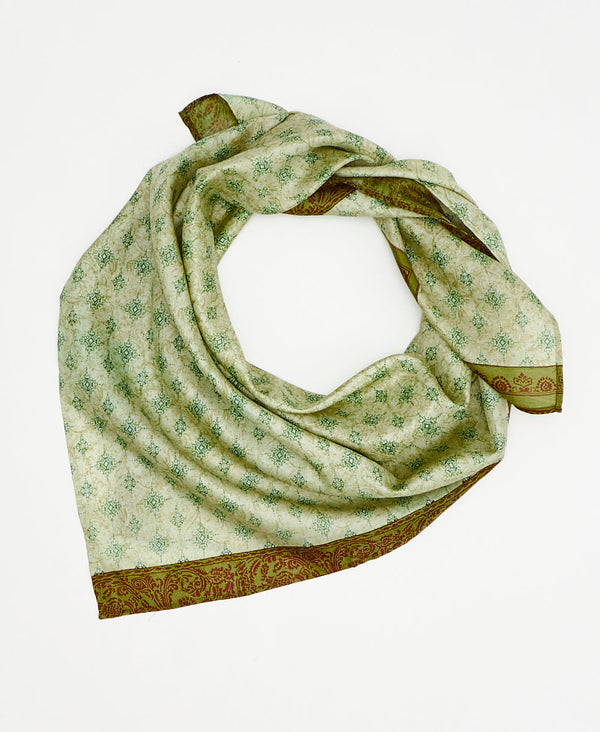 vintage silk square scarf featuring a green traiditonal print created using sustainably sourced saris