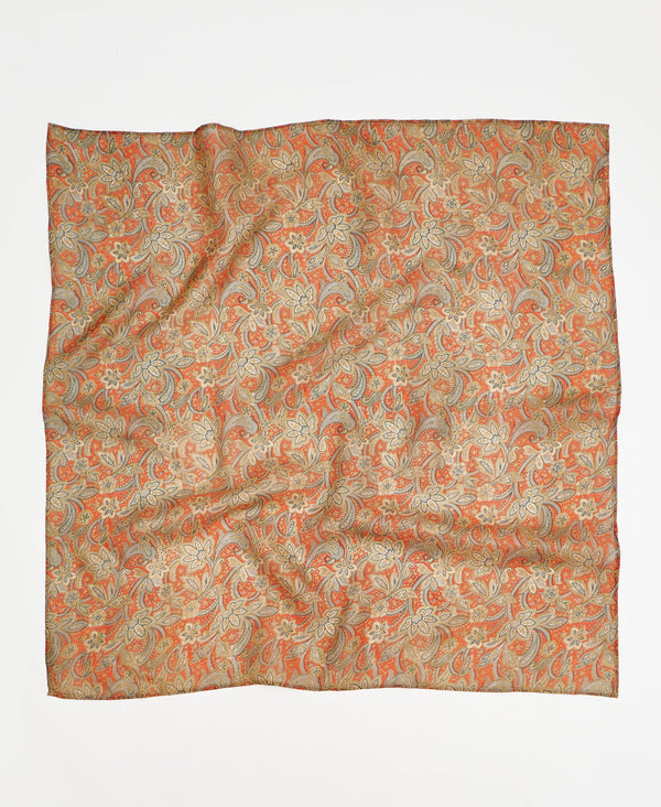 Orange floral vintage silk square scarf handmade by women artisans using upcycled saris