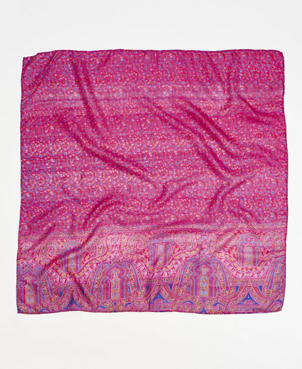 Pink floral vintage silk square scarf handmade by women artisans using upcycled saris