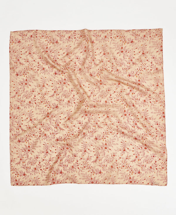 red and cream floral vintage silk square scarf handmade by women artisans using upcycled saris