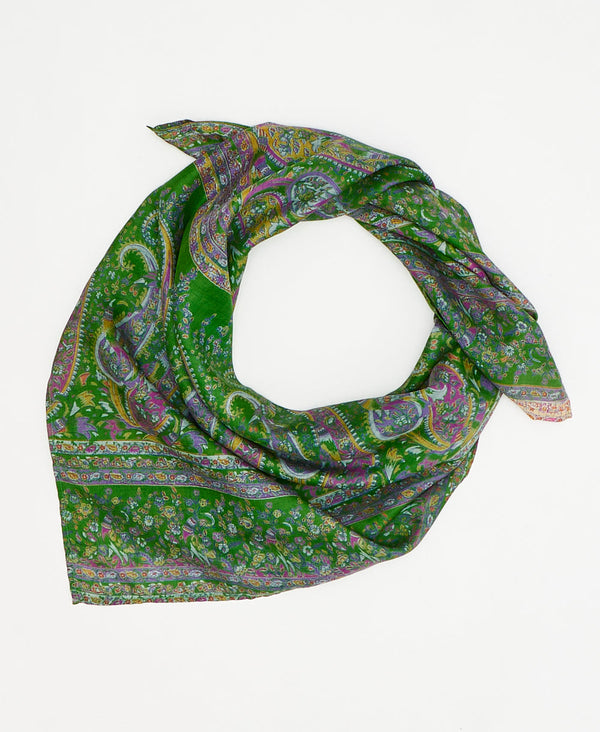 vintage silk square scarf featuring green and purple paisley created using sustainably sourced saris