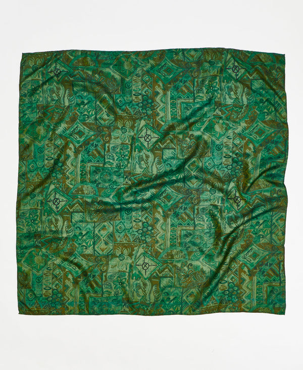 modern green vintage silk square scarf handmade by women artisans using upcycled saris