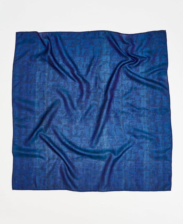 blue geometric floral vintage silk square scarf handmade by women artisans using upcycled saris
