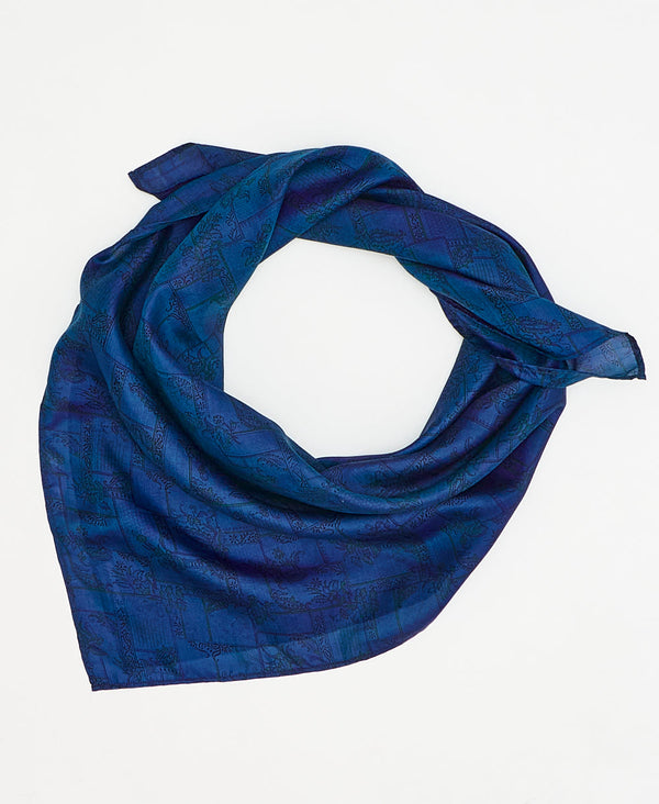 vintage silk square scarf featuring blue geometric floral created using sustainably sourced saris