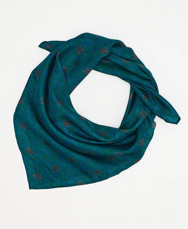 vintage silk square scarf featuring a teal geometric pattern created using sustainably sourced saris