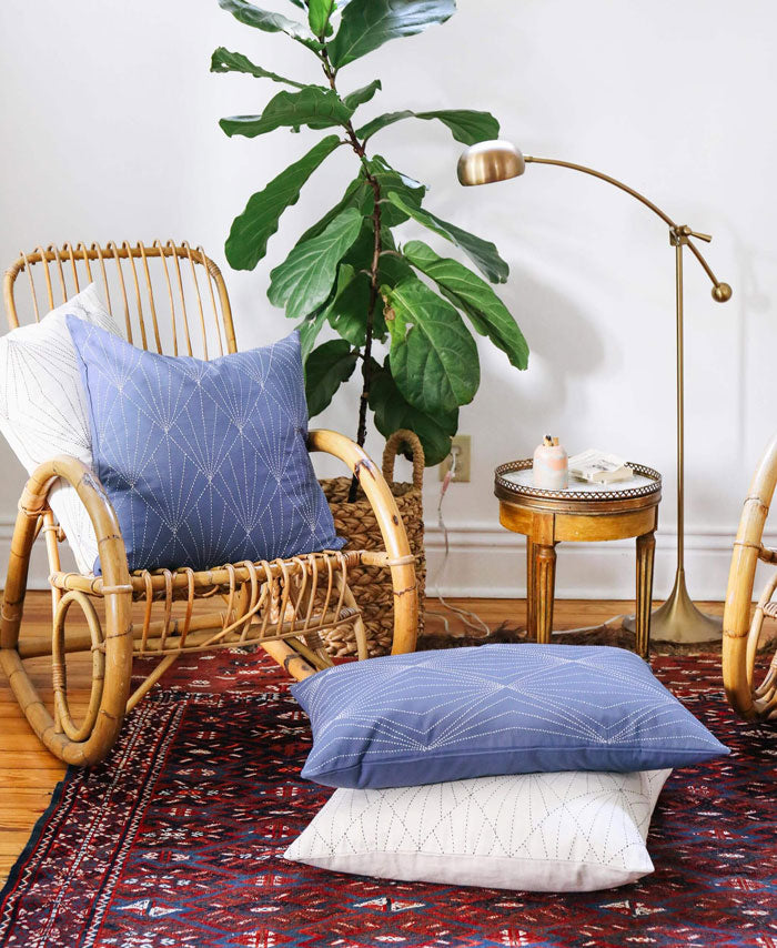 Living room with wicker chair, blue pillows, and a plant