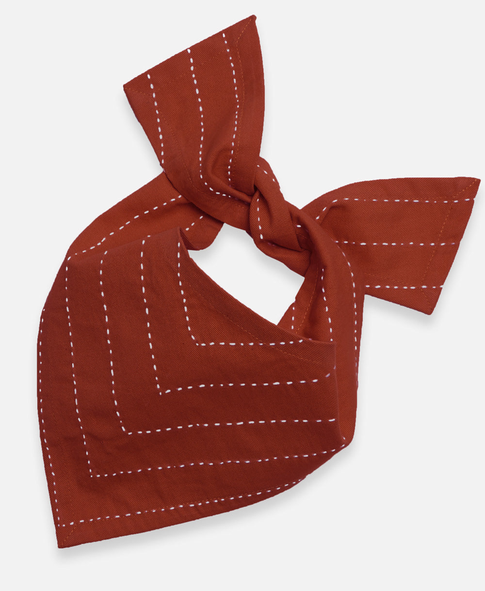 large rust dog bandana with white hand-stitched embroidery