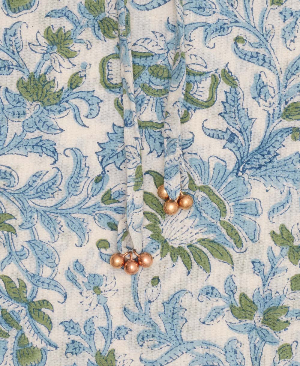 brass beaded waist ties on block print floral kaftan