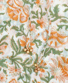 bronze-tone beaded waist ties on block print floral kaftan in pink