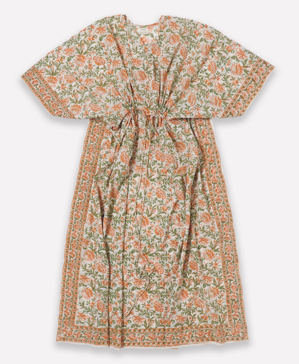 organic cotton kaftan in orange, pink and green floral print