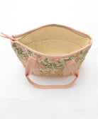 mini floral tote bag with canvas lining and YKK gold metal zipper in pink and green floral