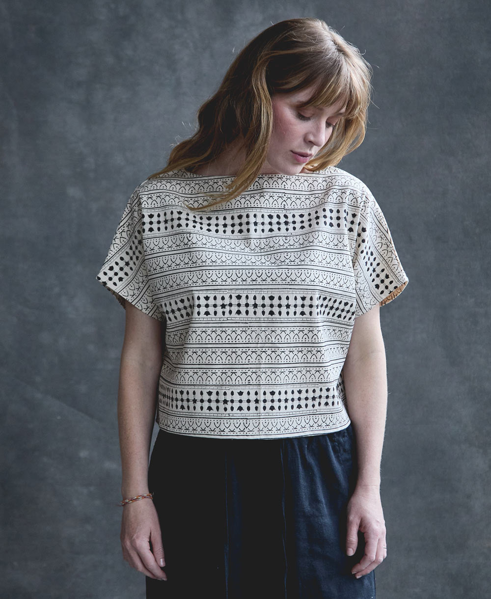block print crop top in black and white dotted stripe pattern handmade in India from 100% organic cotton