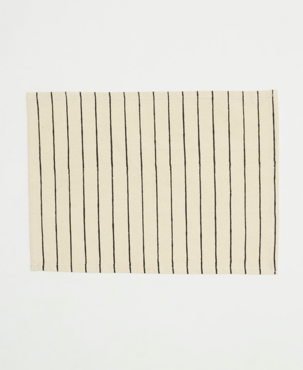 black and white striped block print cotton placemat handmade in India from 100% organic cotton