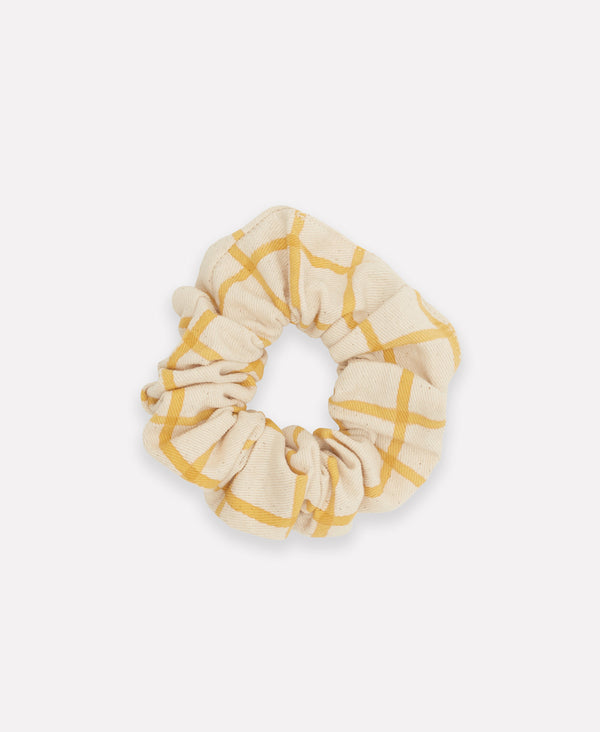 block print mustard grid scrunchie made from organic cotton