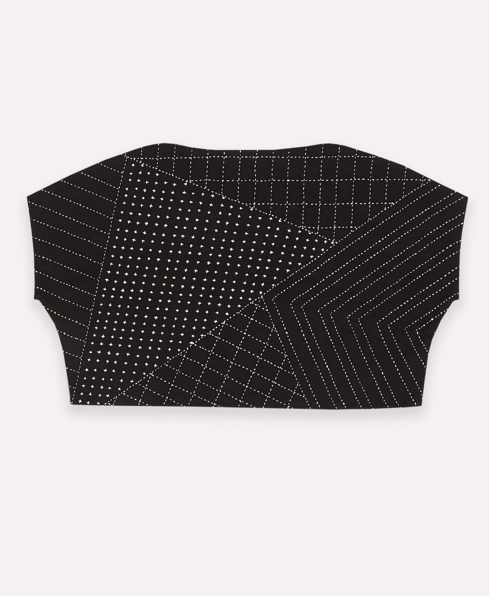 boxy crop top in black with white embroidery patterns handmade in India by women artisans