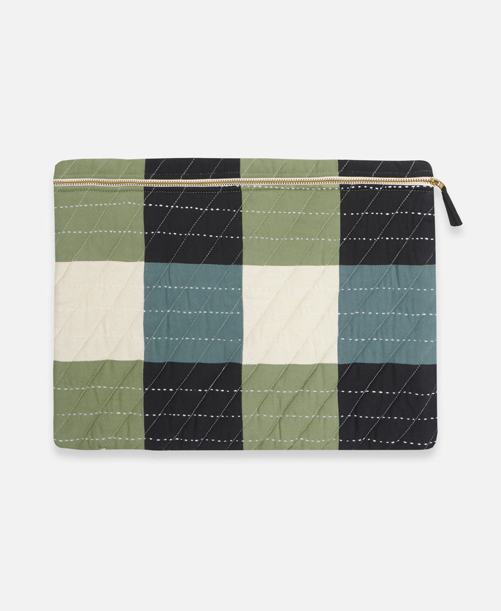 sage green checkered laptop sleeve made from layers of 100% organic cotton