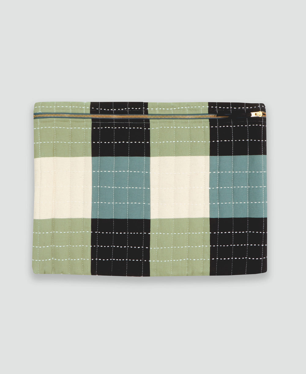 sage green checkered laptop sleeve made from layers of 100% organic cotton