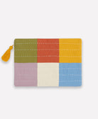 back of cloud blue checkered pouch in lime green, orange, mustard yellow, lilac and sky blue
