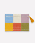 front of checkered pouch in cloud blue colorway handmade in India