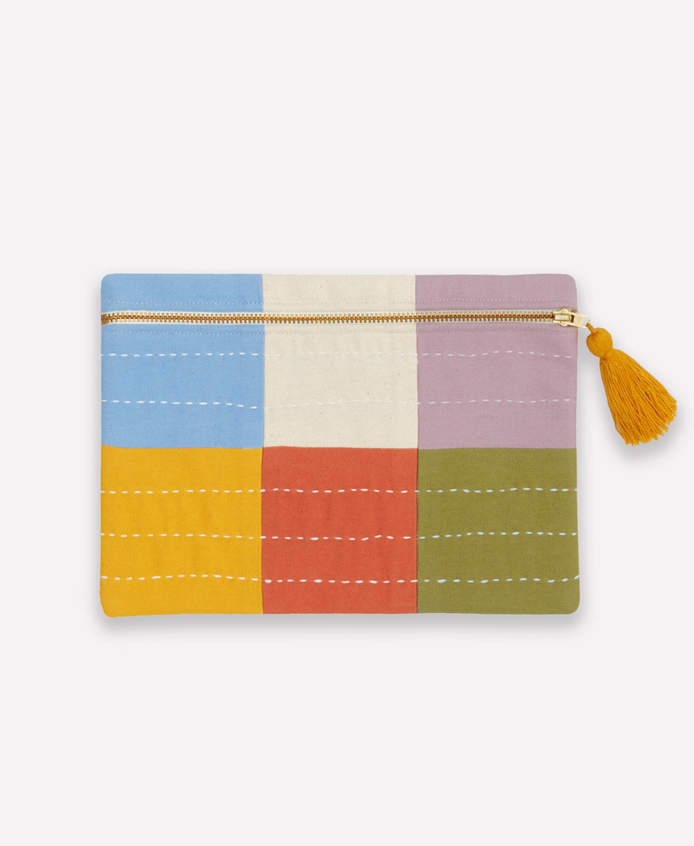 front of checkered pouch in cloud blue colorway handmade in India