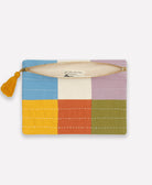 canvas lined checkered pouch in sky blue, lime green, lilac, orange and mustard yellow