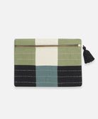 sage green and navy blue checkered pouch clutch with white horizontal embroidery
