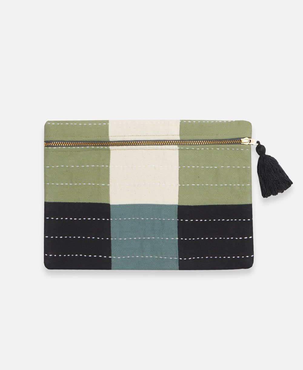 sage green and navy blue checkered pouch clutch with white horizontal embroidery