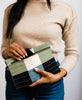 handmade organic cotton pouch clutch in blue and green tones by Anchal Project