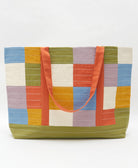 canvas checkered tote bag in olive green, sky blue, orange, mustard yellow and lilac purple