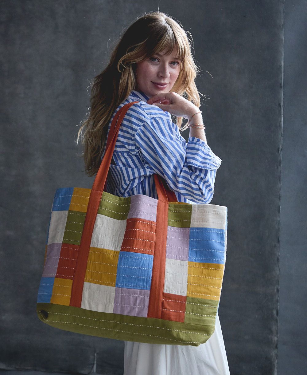 checkered tote bag in mutli-color blocks handmade from 100% organic cotton