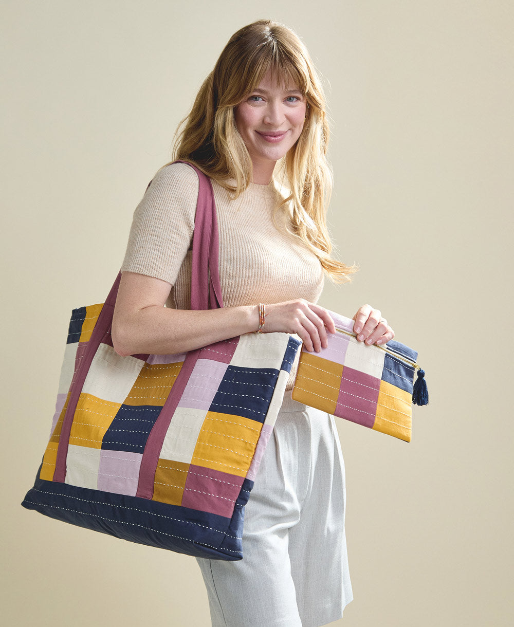 canvas checkered tote bag with matching pouch clutch in purple, navy and mustard checkered pattern